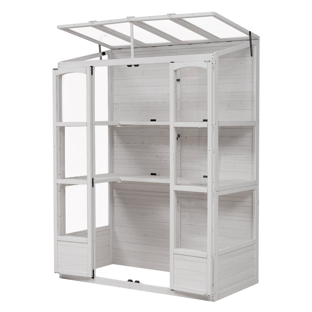 TOPMAX Fir Wood Walk-In Greenhouse with Skylights & Folding Shelves