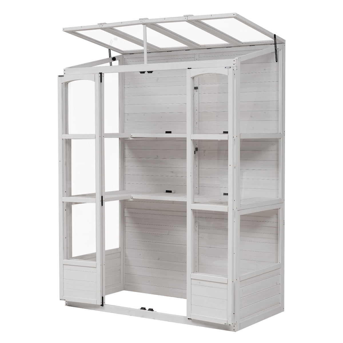 TOPMAX Fir Wood Walk-In Greenhouse with Skylights & Folding Shelves