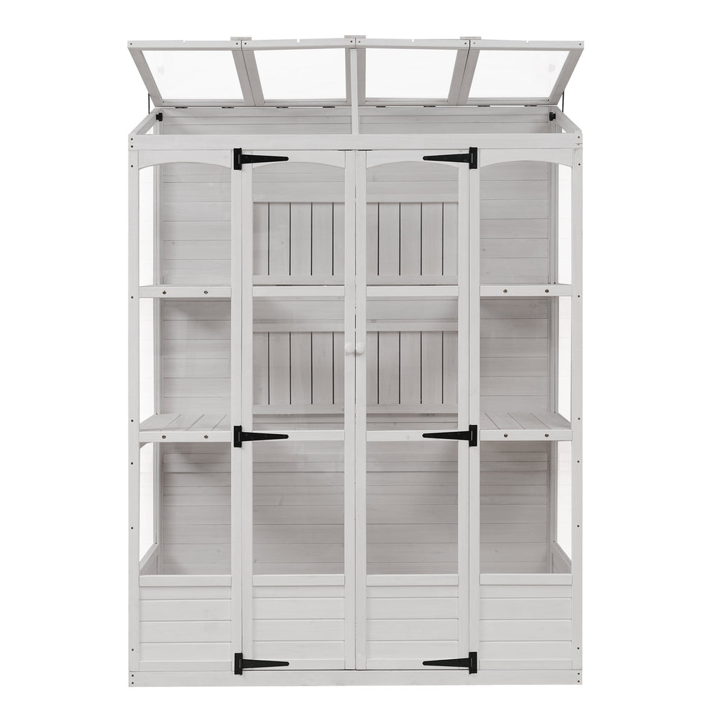 TOPMAX Fir Wood Walk-In Greenhouse with Skylights & Folding Shelves