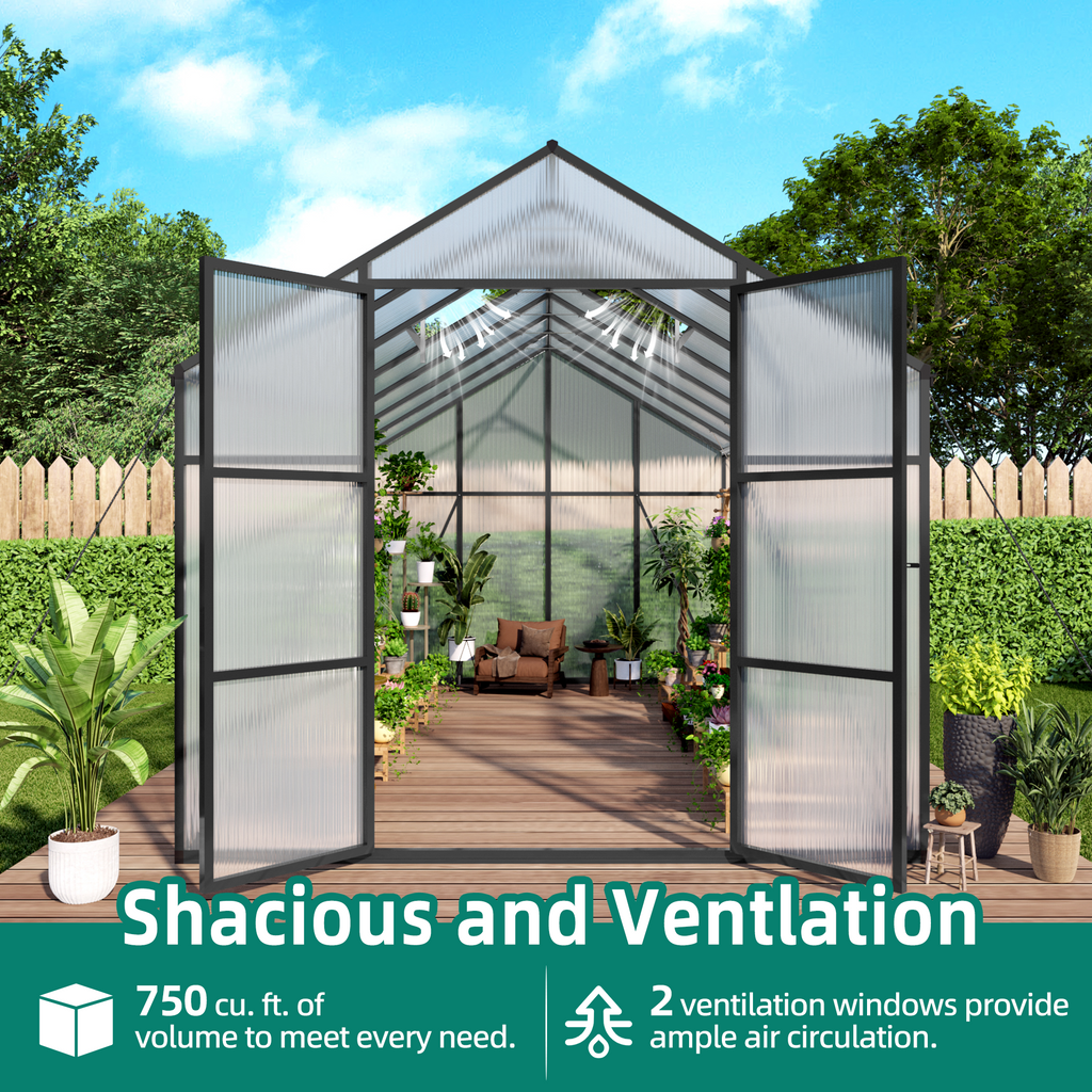 8' × 14' Aluminum Greenhouse with Polycarbonate Panels