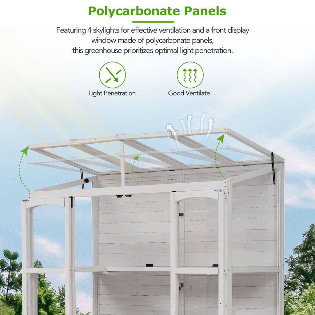 TOPMAX Fir Wood Walk-In Greenhouse with Skylights & Folding Shelves