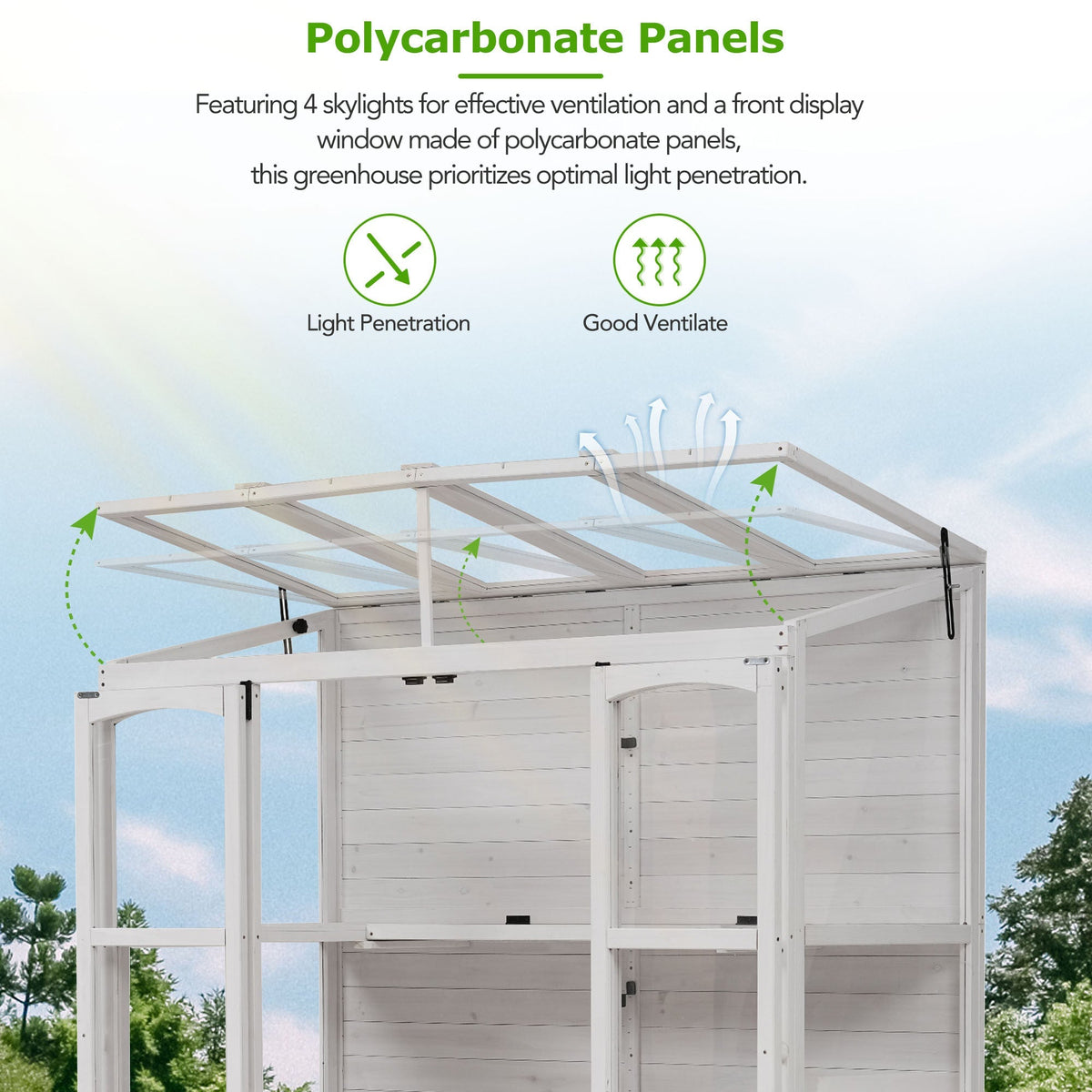 TOPMAX Fir Wood Walk-In Greenhouse with Skylights & Folding Shelves