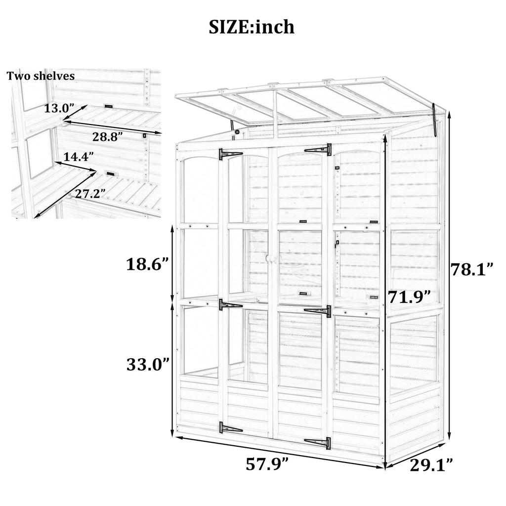 TOPMAX Fir Wood Walk-In Greenhouse with Skylights & Folding Shelves