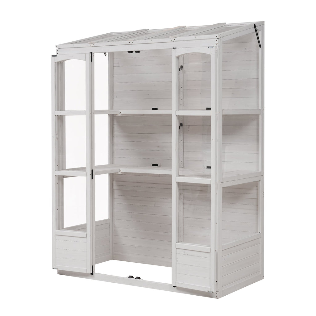 TOPMAX Fir Wood Walk-In Greenhouse with Skylights & Folding Shelves