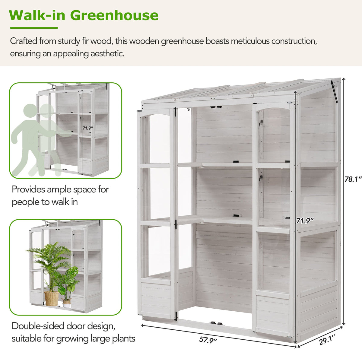 TOPMAX Fir Wood Walk-In Greenhouse with Skylights & Folding Shelves