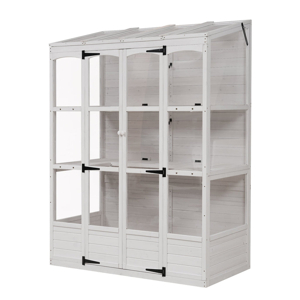 TOPMAX Fir Wood Walk-In Greenhouse with Skylights & Folding Shelves