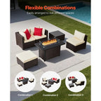 6-Piece Outdoor Patio Furniture Set, Wicker Rattan Outdoor Sectional Conversation Set with 50000BTU Propane Fire Pit Table, Cushioned Sofas, Coffee Table & Ottoman for Patio Garden Backyard