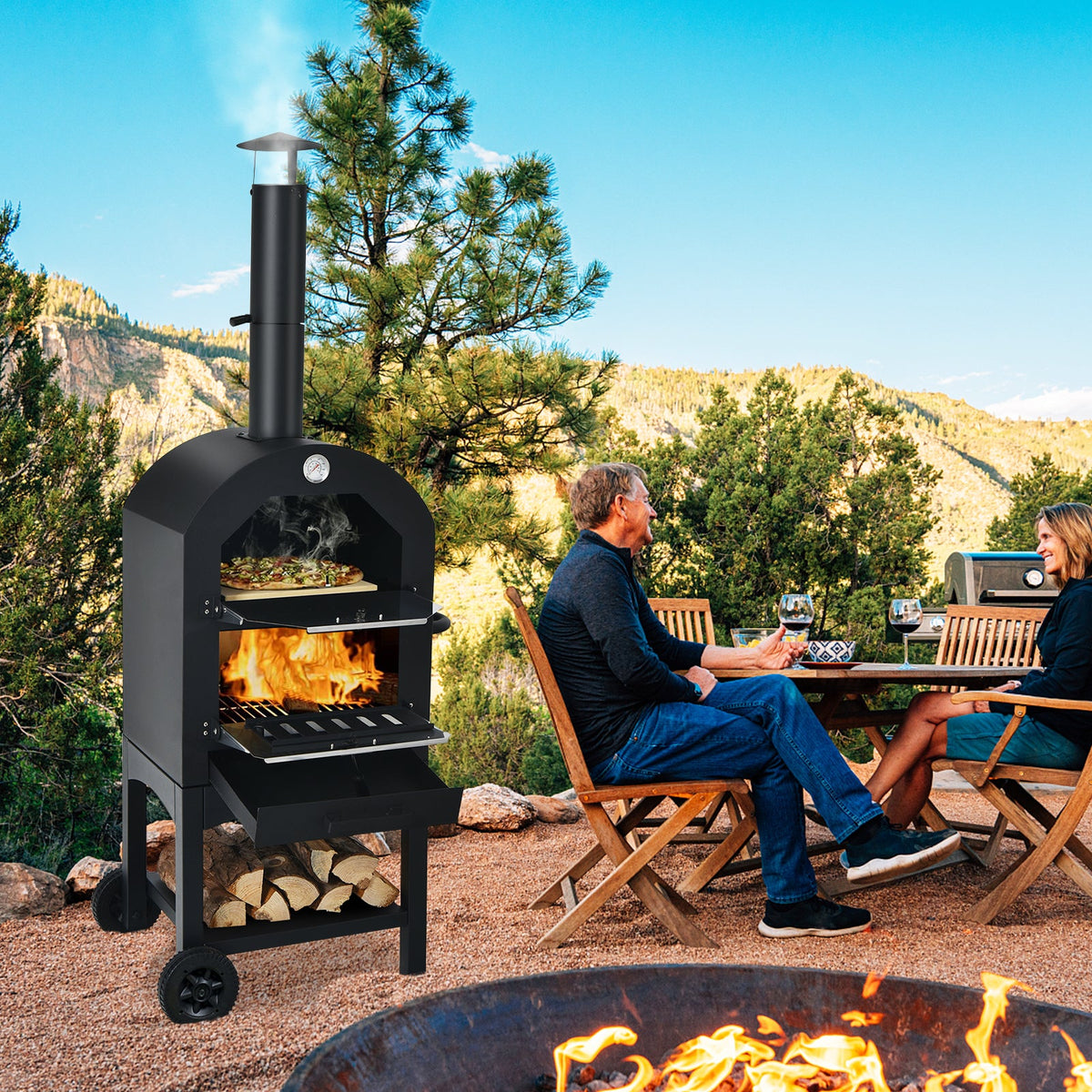 Portable Wood-Fired Pizza Oven with Stone & Weatherproof Cover