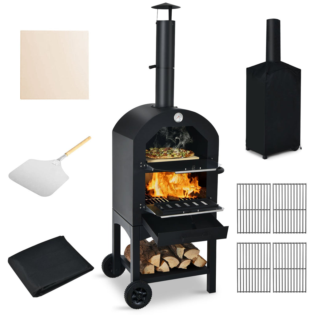 Portable Wood-Fired Pizza Oven with Stone & Weatherproof Cover