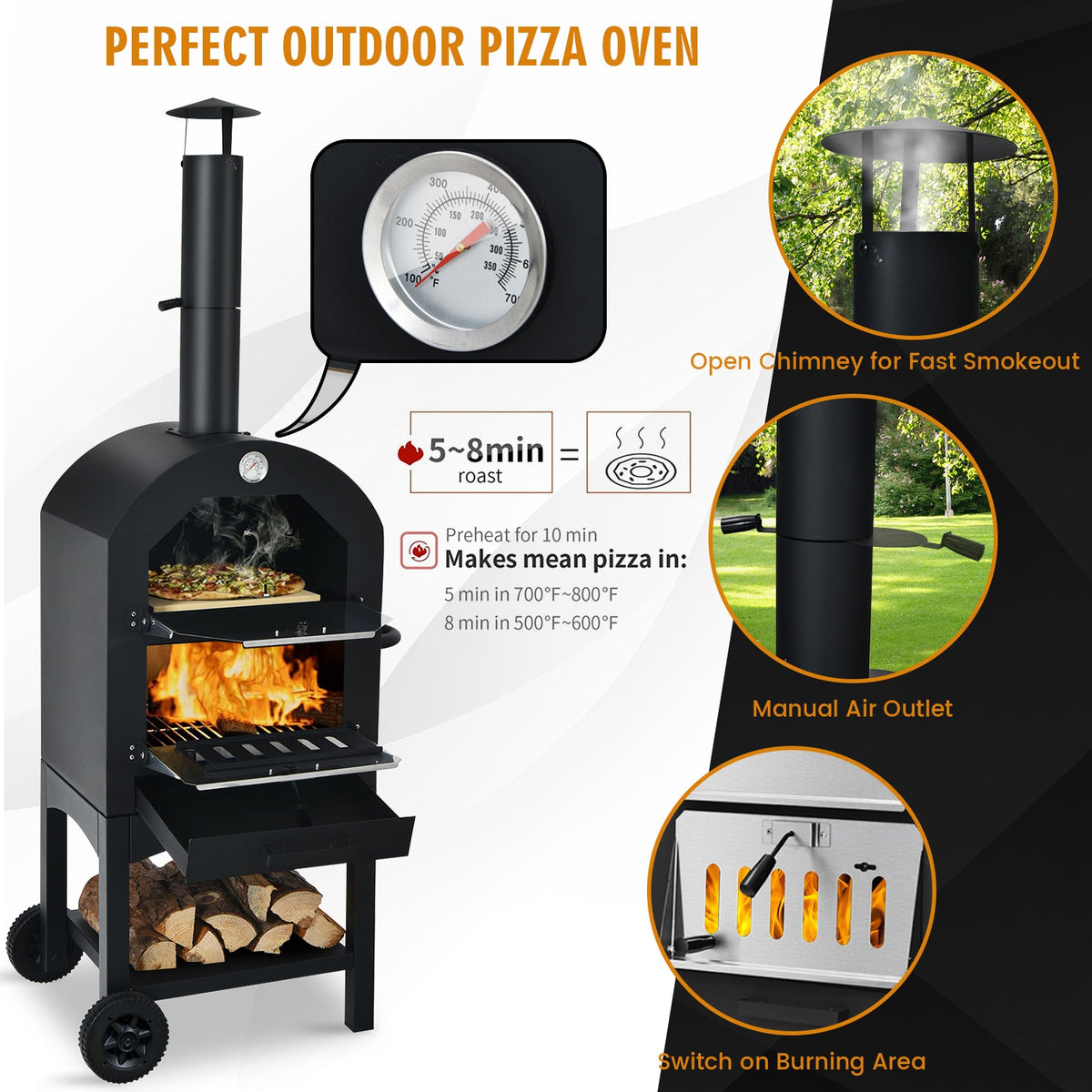 Portable Wood-Fired Pizza Oven with Stone & Weatherproof Cover