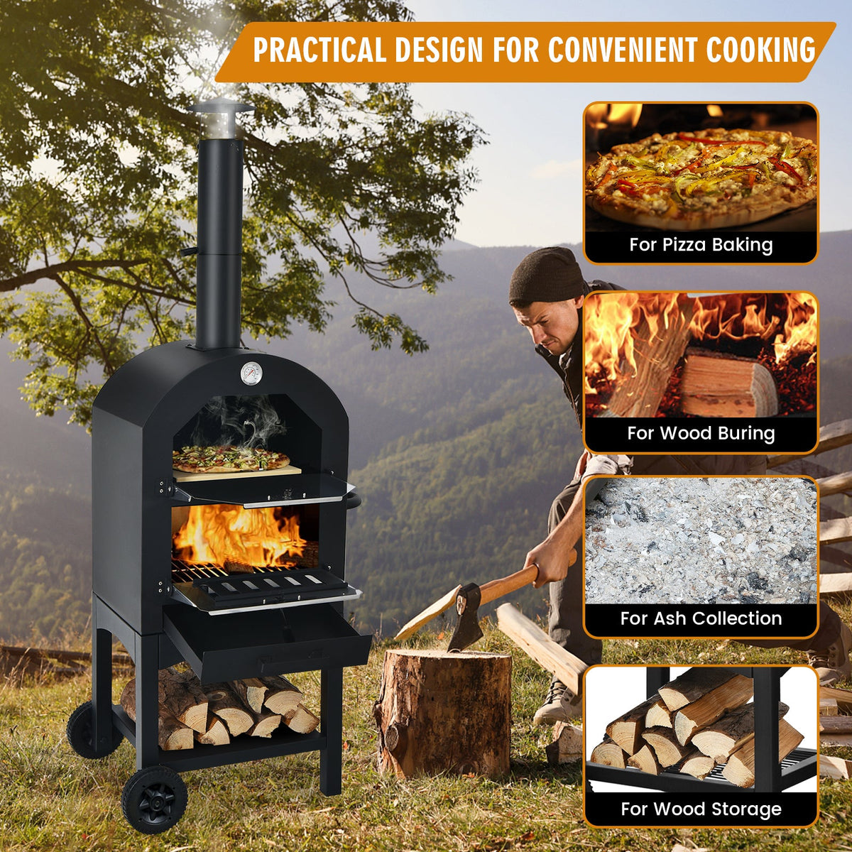 Portable Wood-Fired Pizza Oven with Stone & Weatherproof Cover