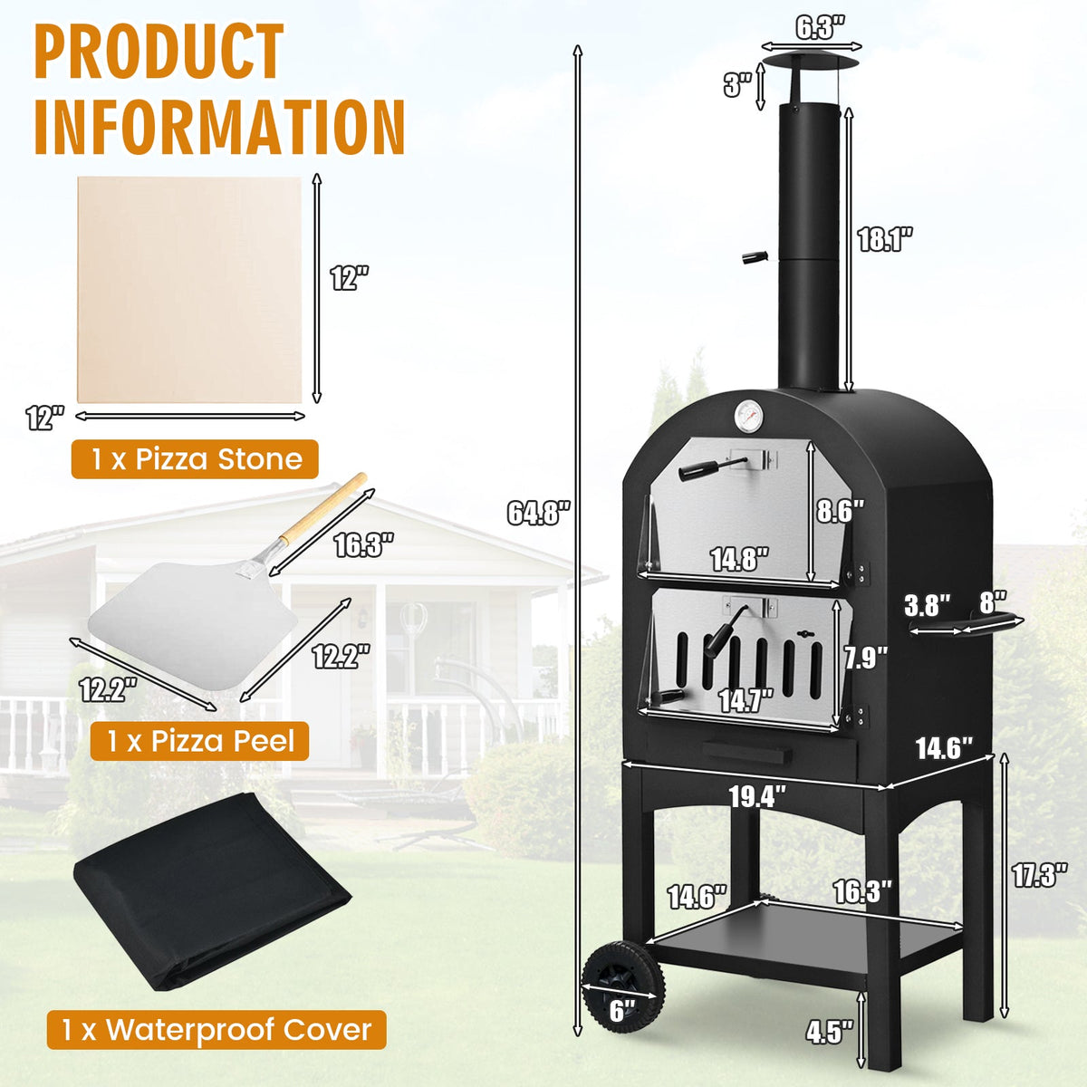 Portable Wood-Fired Pizza Oven with Stone & Weatherproof Cover