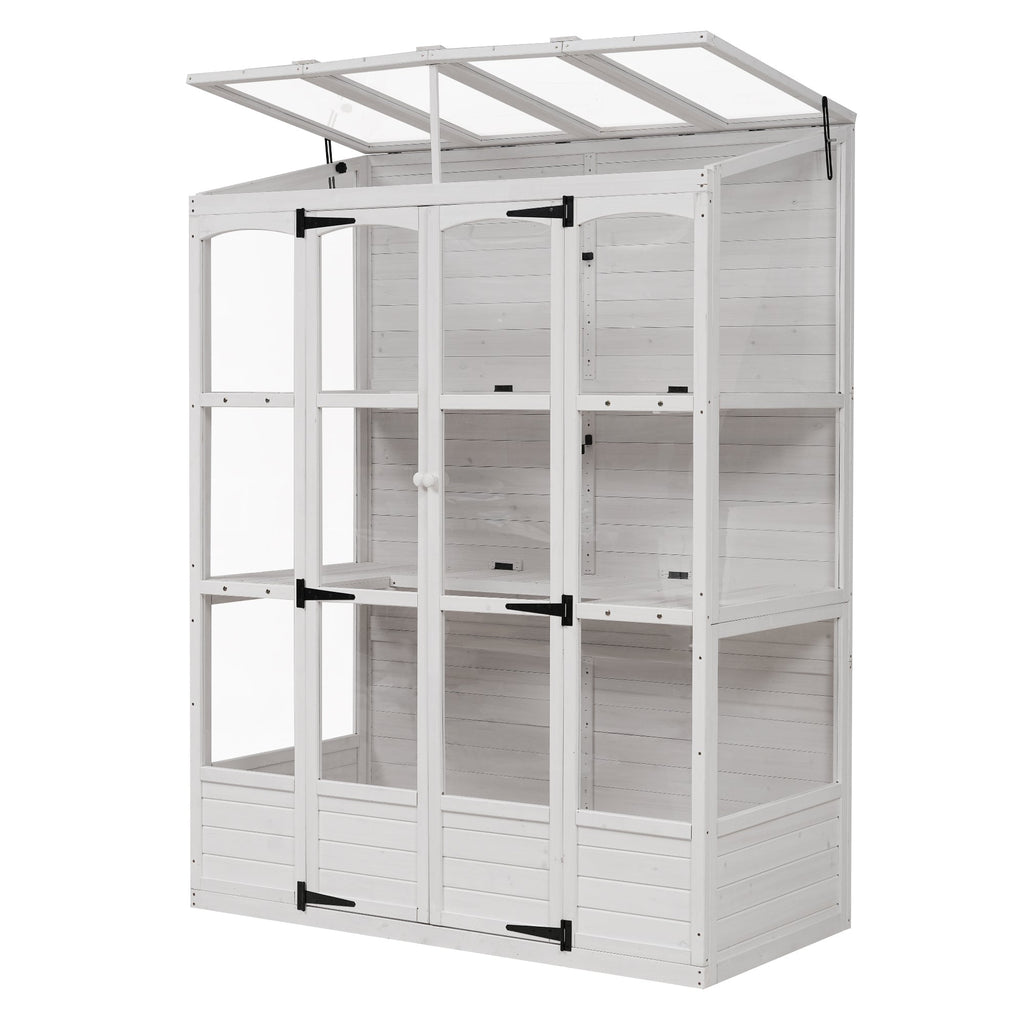TOPMAX Fir Wood Walk-In Greenhouse with Skylights & Folding Shelves