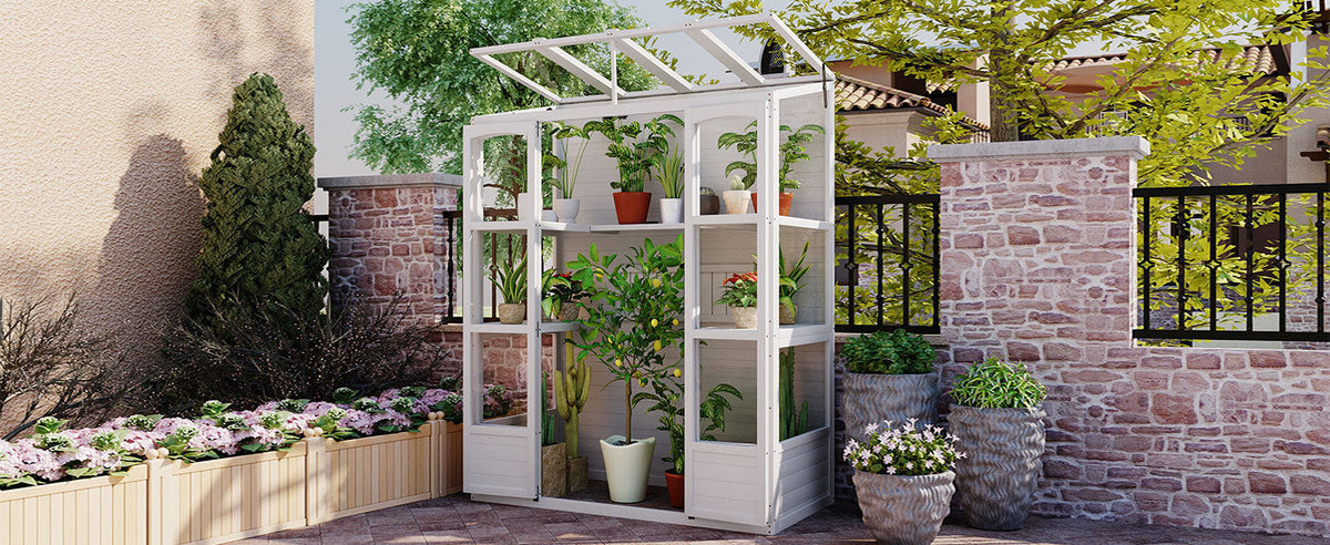 TOPMAX Fir Wood Walk-In Greenhouse with Skylights & Folding Shelves