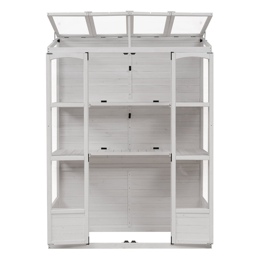 TOPMAX Fir Wood Walk-In Greenhouse with Skylights & Folding Shelves
