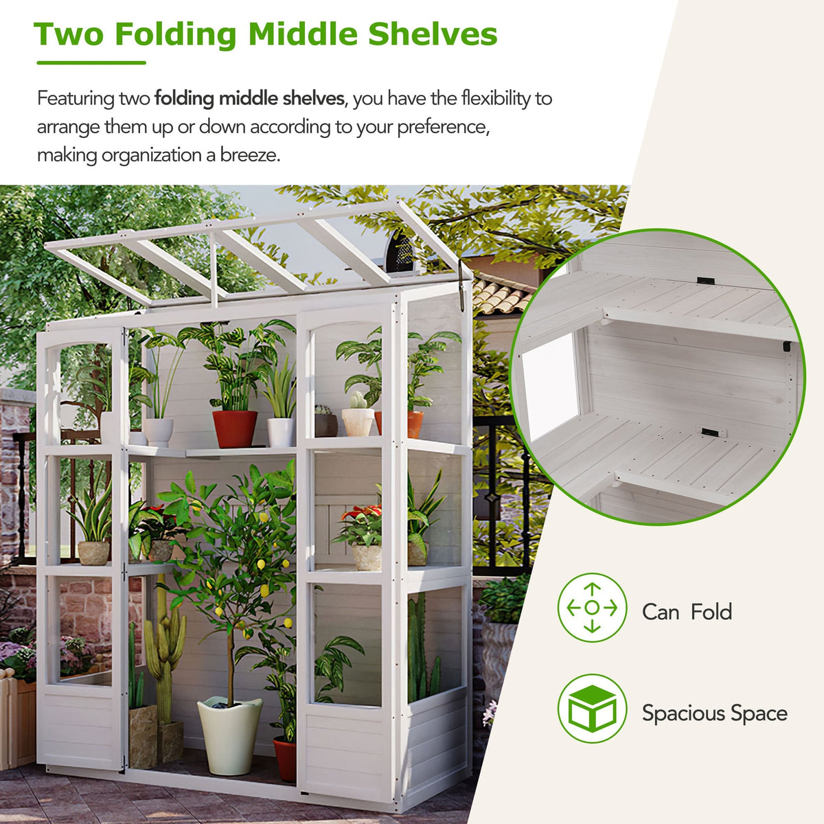 TOPMAX Fir Wood Walk-In Greenhouse with Skylights & Folding Shelves