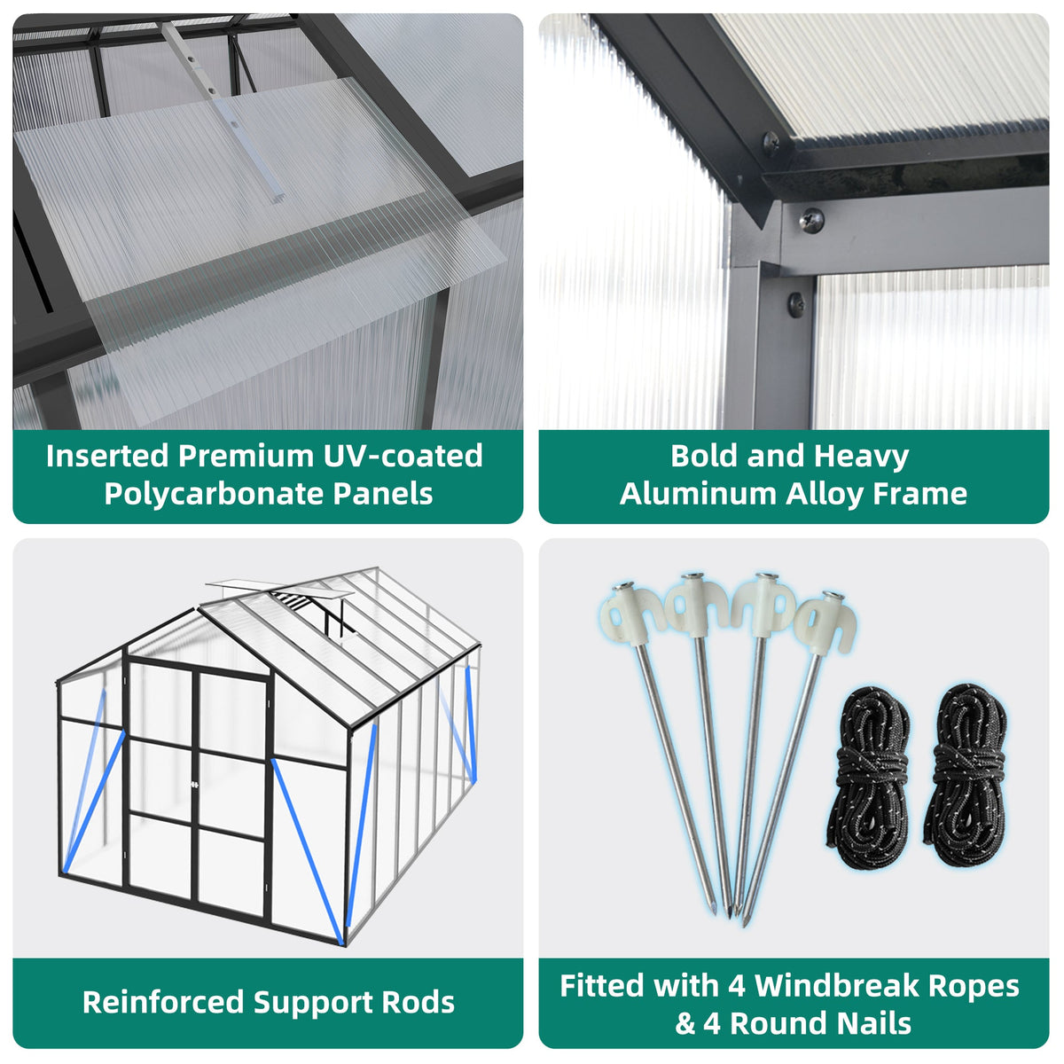 8' × 14' Aluminum Greenhouse with Polycarbonate Panels