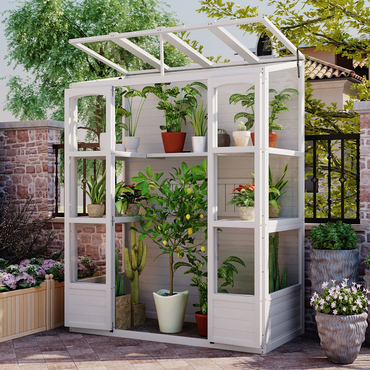 TOPMAX Fir Wood Walk-In Greenhouse with Skylights & Folding Shelves